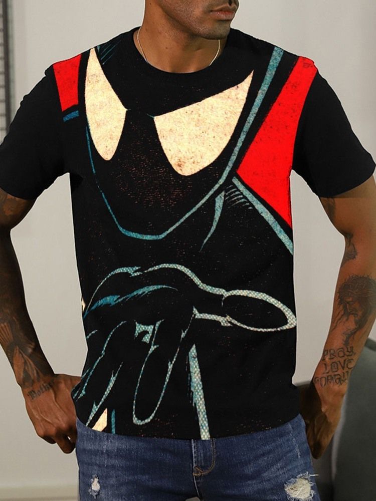 T-shirt Masculina Com Estampa De Linhas Em Torno Do Pescoço Pulôver De Manga Curta