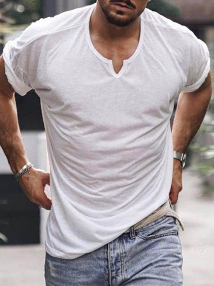 T-shirt Masculina Lisa De Gola Redonda Casual Pulôver Slim