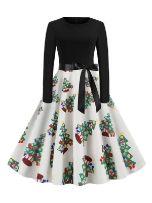 Árvores De Natal Feminino Panturrilha Média Patchwork Manga Comprida Cintura Média Desenho Animado Vestido