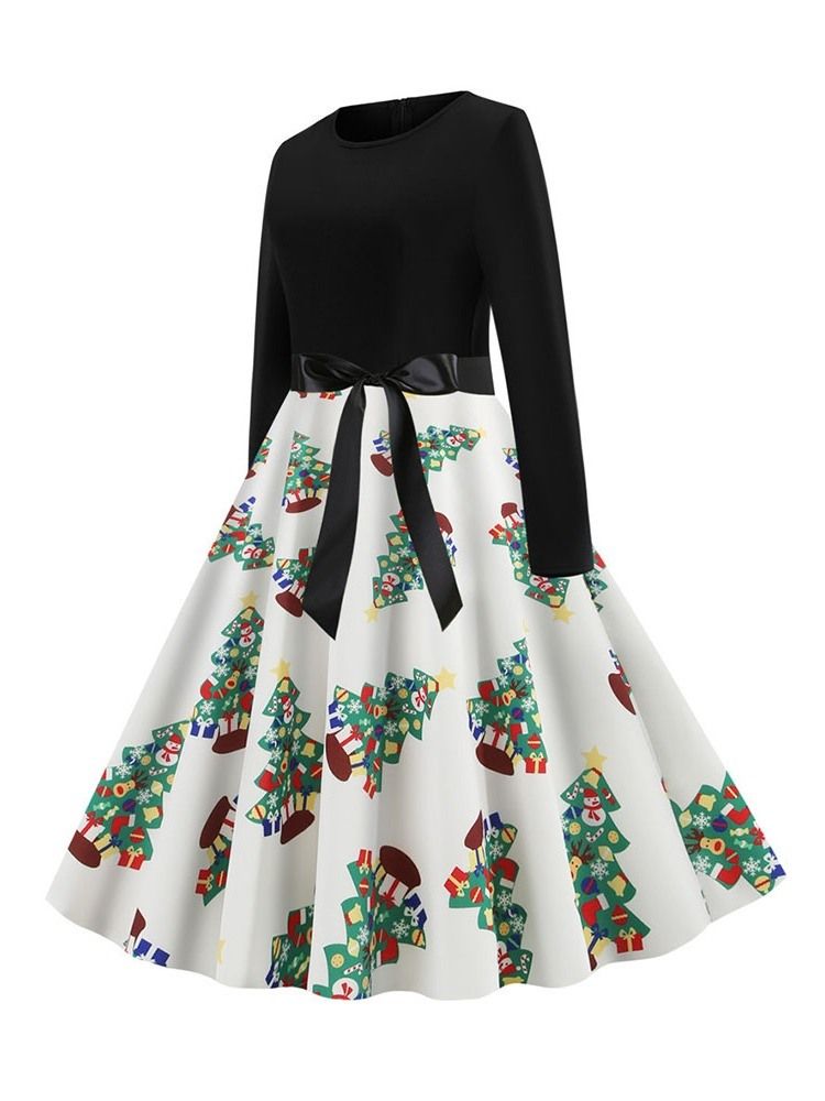 Árvores De Natal Feminino Panturrilha Média Patchwork Manga Comprida Cintura Média Desenho Animado Vestido
