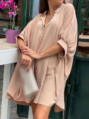 Botão Feminino Lapela Acima Do Joelho Vestido Liso Reto