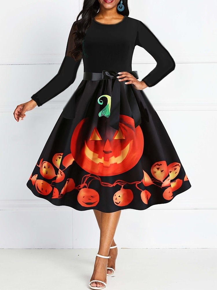 Bowknot Feminino De Meia Canela Com Nove Pontos Manga Expansível Vestido De Cintura Padrão