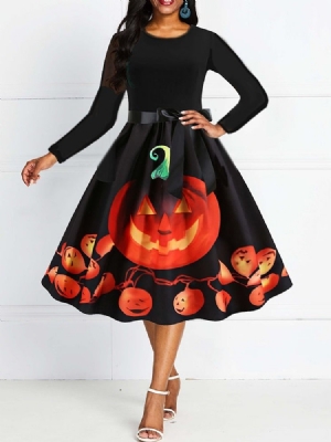 Bowknot Feminino De Meia Canela Com Nove Pontos Manga Expansível Vestido De Cintura Padrão