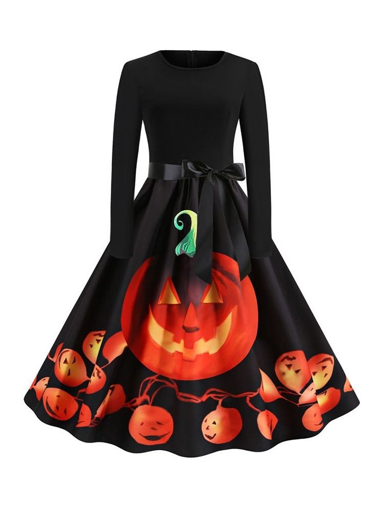 Bowknot Feminino De Meia Canela Com Nove Pontos Manga Expansível Vestido De Cintura Padrão