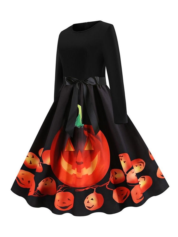 Bowknot Feminino De Meia Canela Com Nove Pontos Manga Expansível Vestido De Cintura Padrão