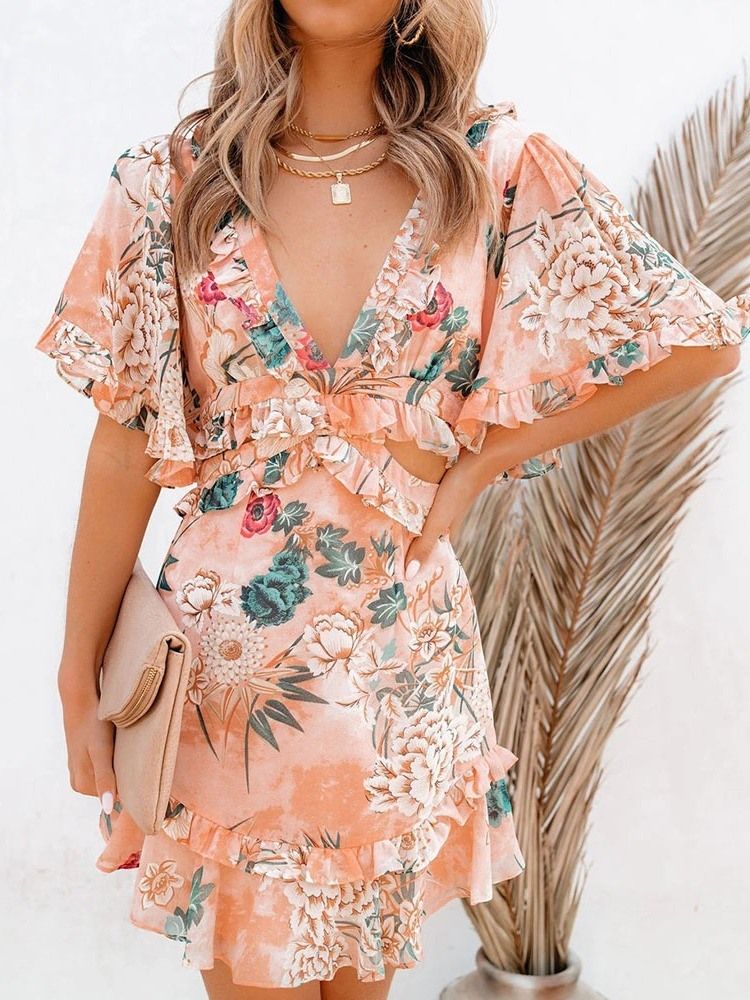 Estampa Vestido Feminino Com Decote Em V Acima Do Joelho Pulôver Floral