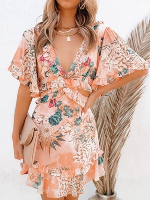 Estampa Vestido Feminino Com Decote Em V Acima Do Joelho Pulôver Floral