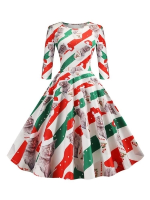 Feminino Christmas Pattern Manga Três Quartos Estampa Média Na Panturrilha Vestido De Festa Regular