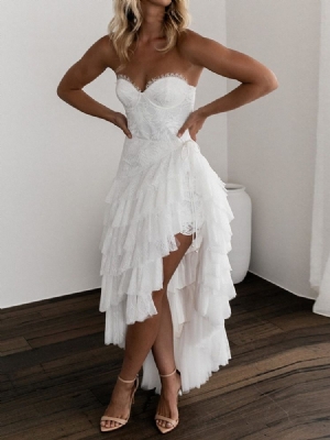 Feminino Patchwork Até O Chão Sem Mangas Vestido Branco Assimétrico Vestido De Noiva