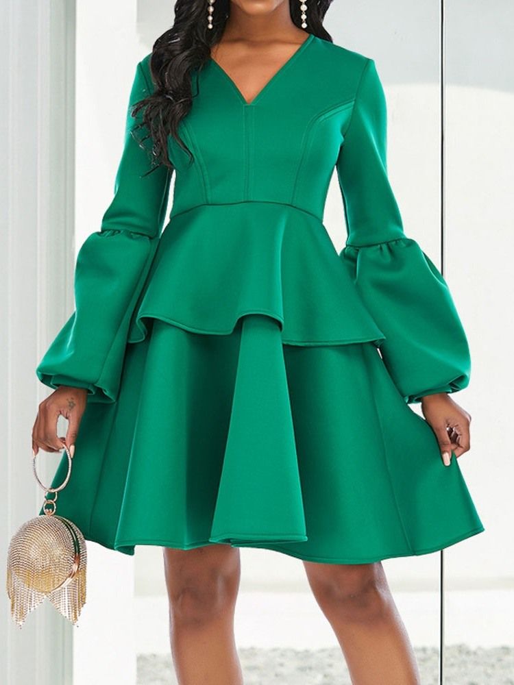 Lanterna Com Decote Em V Pregueado Na Altura Do Joelho Manga Simples Vestido Feminino