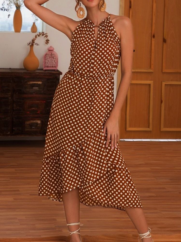 Metade Da Panturrilha Assimétrica Sem Mangas Às Bolinhas Vestido Doce Feminino