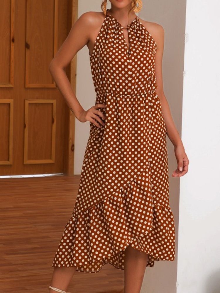Metade Da Panturrilha Assimétrica Sem Mangas Às Bolinhas Vestido Doce Feminino