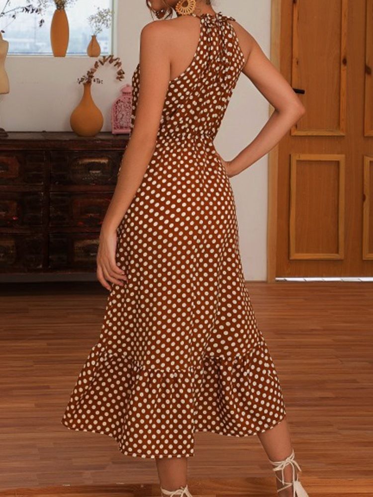 Metade Da Panturrilha Assimétrica Sem Mangas Às Bolinhas Vestido Doce Feminino