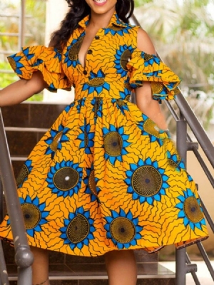 Moda Africana Feminina Panturrilha Média Lapela Vestido Floral A Line
