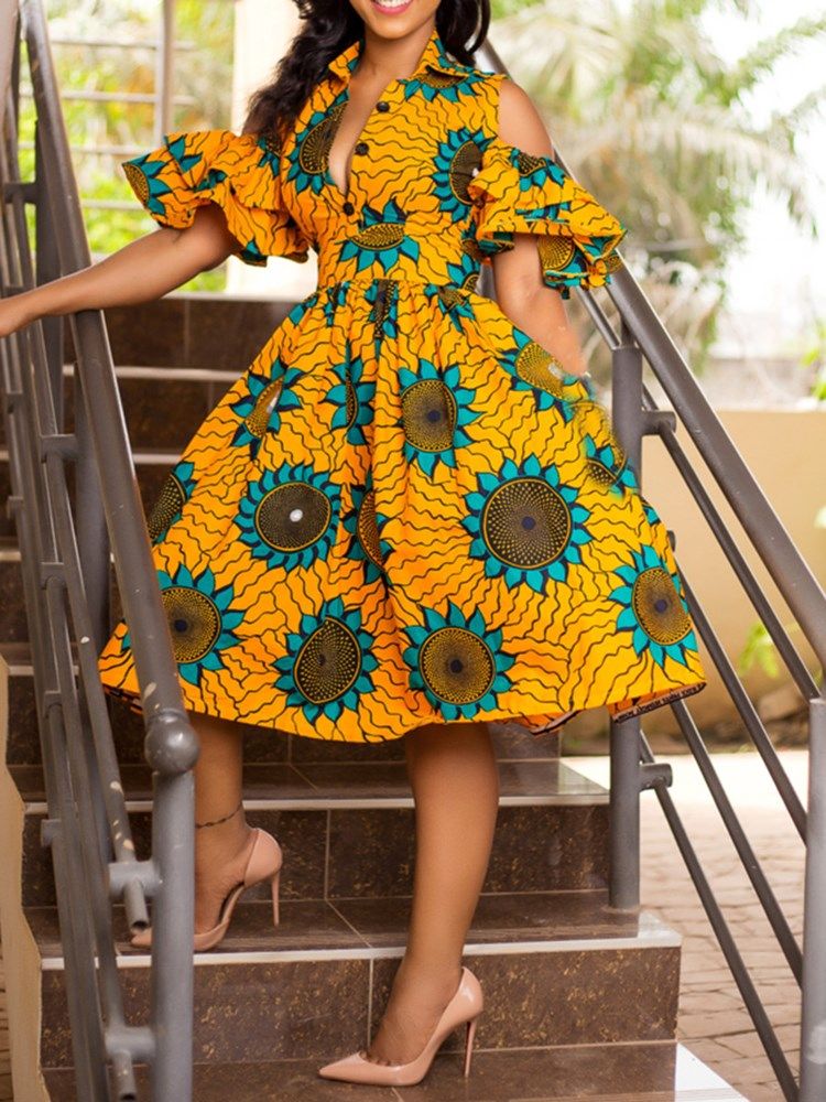 Moda Africana Feminina Panturrilha Média Lapela Vestido Floral A Line