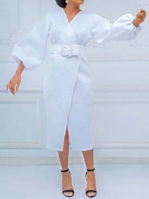 Pulôver Feminino Com Decote Em V De Nove Pontos Meia Panturrilha Vestido Simples