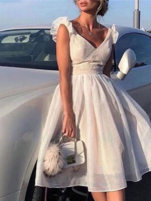 Pulôver Feminino Justo Até O Joelho Com Decote Em V Vestido Liso Branco