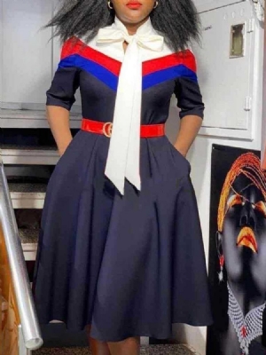 Pulôver Feminino De Meia-manga Com Gola Curva E Meia-panturrilha Vestido De Cintura Média