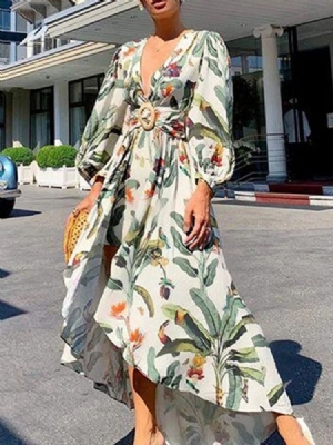Vestido Assimétrico Até O Chão Com Decote Em V De Cintura Alta E Manga Alta Vestido Floral Maxi Vestido Vestidos De Praia Para Mulheres