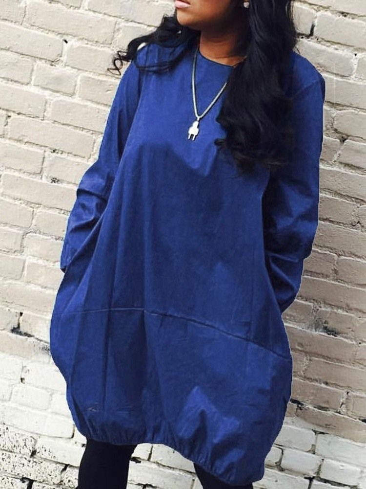 Vestido Casual Feminino De Manga Comprida Na Altura Do Joelho Em Volta Do Pescoço Com Lanterna