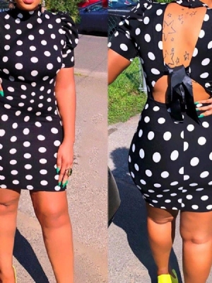 Vestido Com Bolinhas Femininas De Manga Curta Sem Encosto Acima Do Joelho
