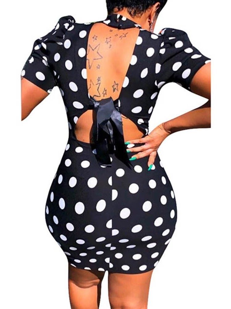 Vestido Com Bolinhas Femininas De Manga Curta Sem Encosto Acima Do Joelho