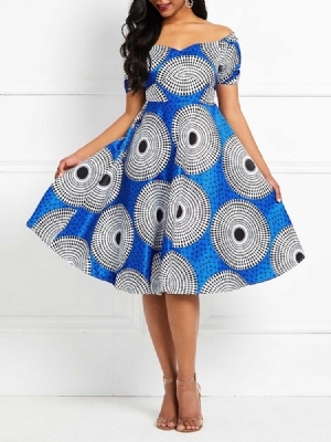 Vestido Feminino Africano De Manga Curta Estampado Na Panturrilha Média