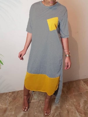 Vestido Feminino Assimétrico Casual De Bolso Redondo Em Torno Do Pescoço Com Meia Manga