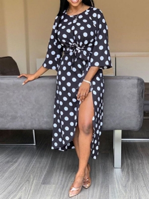 Vestido Feminino Assimétrico Com Bolinhas Com Decote Em V Manga Três Quartos Dividida