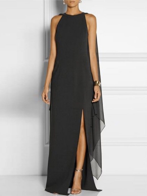 Vestido Feminino Até O Chão Em Volta Do Chão Com Decote Redondo Dividido Em Vestido Simples De Verão