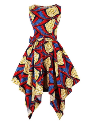 Vestido Feminino Bowknot Estampado Assimétrico