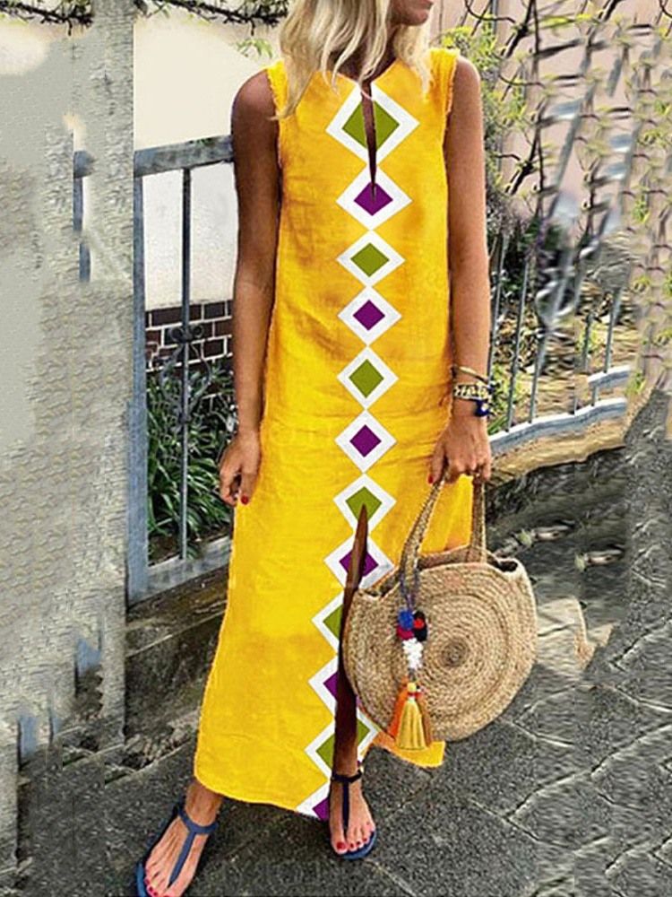 Vestido Feminino Casual Estampado Na Altura Do Tornozelo Com Decote Em V Dividido Sem Mangas De Verão