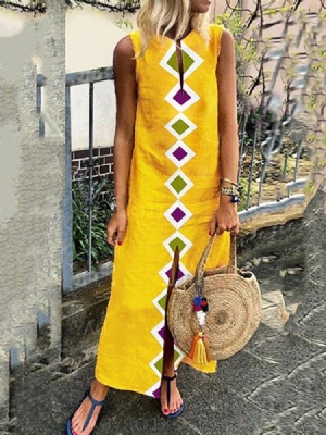 Vestido Feminino Casual Estampado Na Altura Do Tornozelo Com Decote Em V Dividido Sem Mangas De Verão