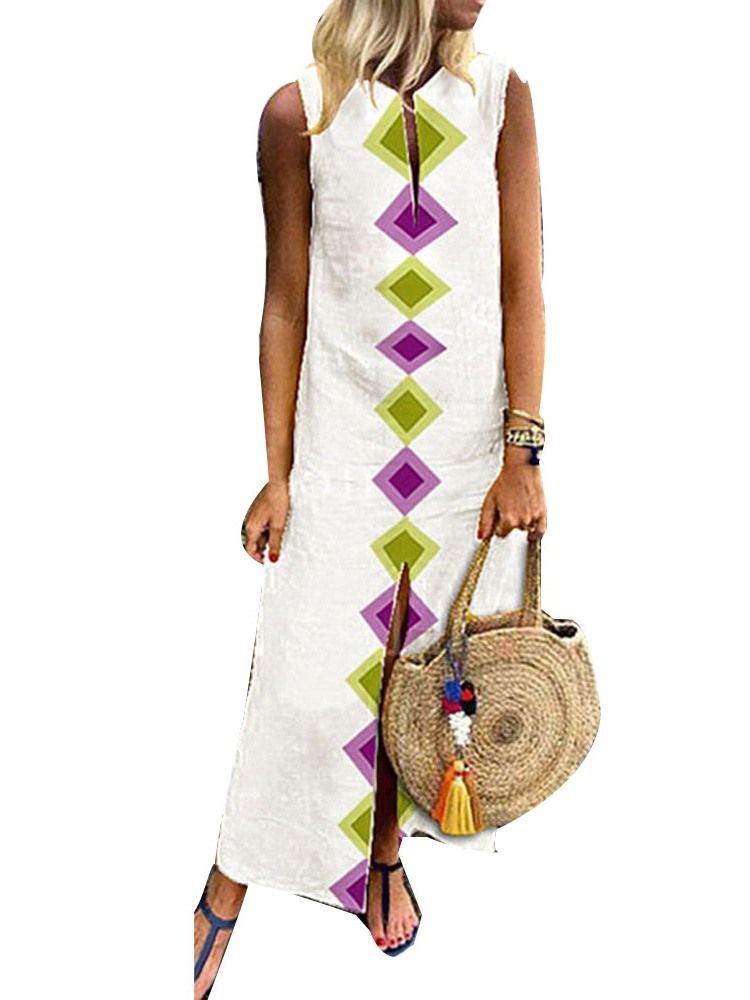 Vestido Feminino Casual Estampado Na Altura Do Tornozelo Com Decote Em V Dividido Sem Mangas De Verão