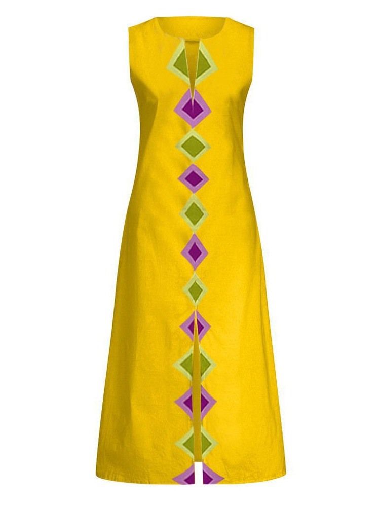 Vestido Feminino Casual Estampado Na Altura Do Tornozelo Com Decote Em V Dividido Sem Mangas De Verão