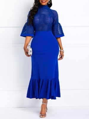 Vestido Feminino Com Babados Na Panturrilha Média Meia Manga Sereia Azul