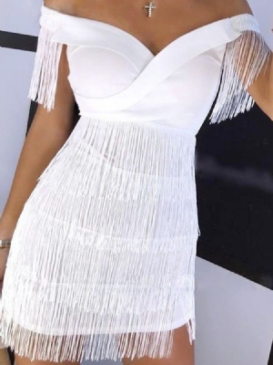 Vestido Feminino Com Borla Manga Curta Acima Do Joelho Cintura Alta Ombro Frio