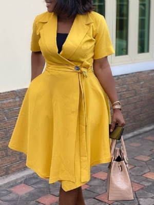 Vestido Feminino Com Botão Na Altura Do Joelho Manga Curta Assimétrico Cintura Alta