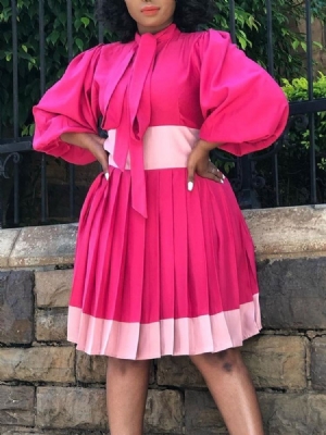 Vestido Feminino Com Cordões Na Altura Do Joelho Manga Longa Colorida Bloco Plissado
