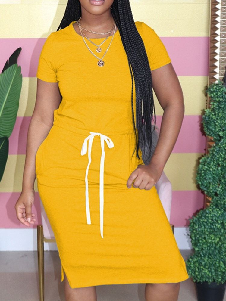 Vestido Feminino Com Cordões Na Panturrilha Média E Pescoço Redondo Pulôver De Cintura Padrão