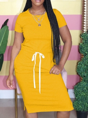 Vestido Feminino Com Cordões Na Panturrilha Média E Pescoço Redondo Pulôver De Cintura Padrão