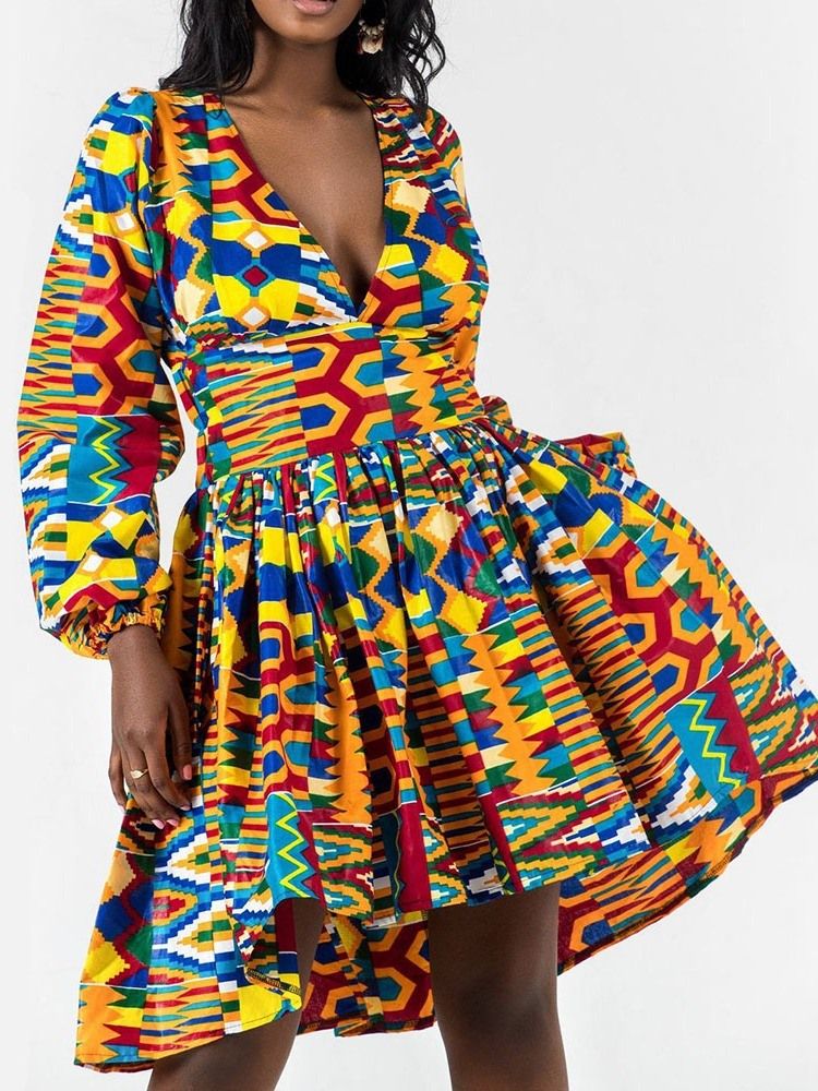 Vestido Feminino Com Decote Em V Acima Do Joelho Estampa Pulôver Vintage