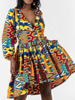 Vestido Feminino Com Decote Em V Acima Do Joelho Estampa Pulôver Vintage
