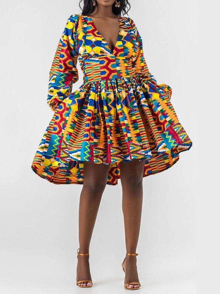 Vestido Feminino Com Decote Em V Acima Do Joelho Estampa Pulôver Vintage