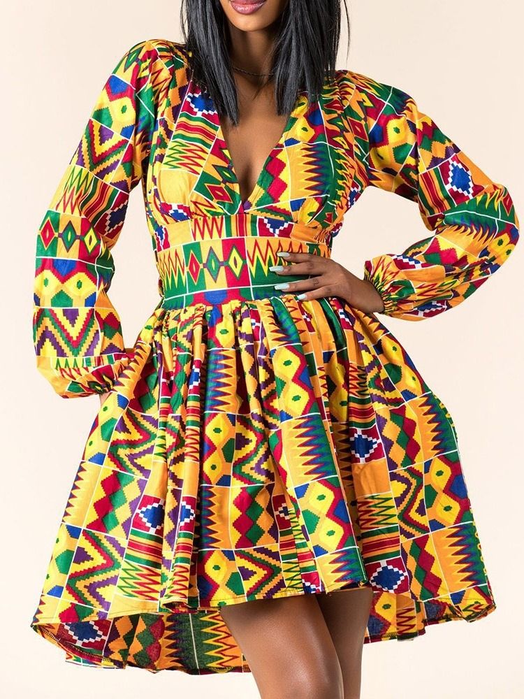 Vestido Feminino Com Decote Em V Acima Do Joelho Estampa Pulôver Vintage