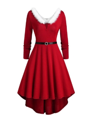 Vestido Feminino Com Decote Em V Assimétrico De Manga Comprida Coquetel De Cintura Média
