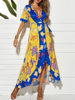 Vestido Feminino Com Decote Em V Assimétrico Meia Manga Cor Bloco