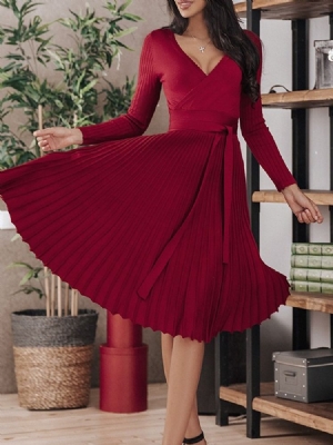 Vestido Feminino Com Decote Em V De Manga Comprida Meia-canela Para Sair À Noite