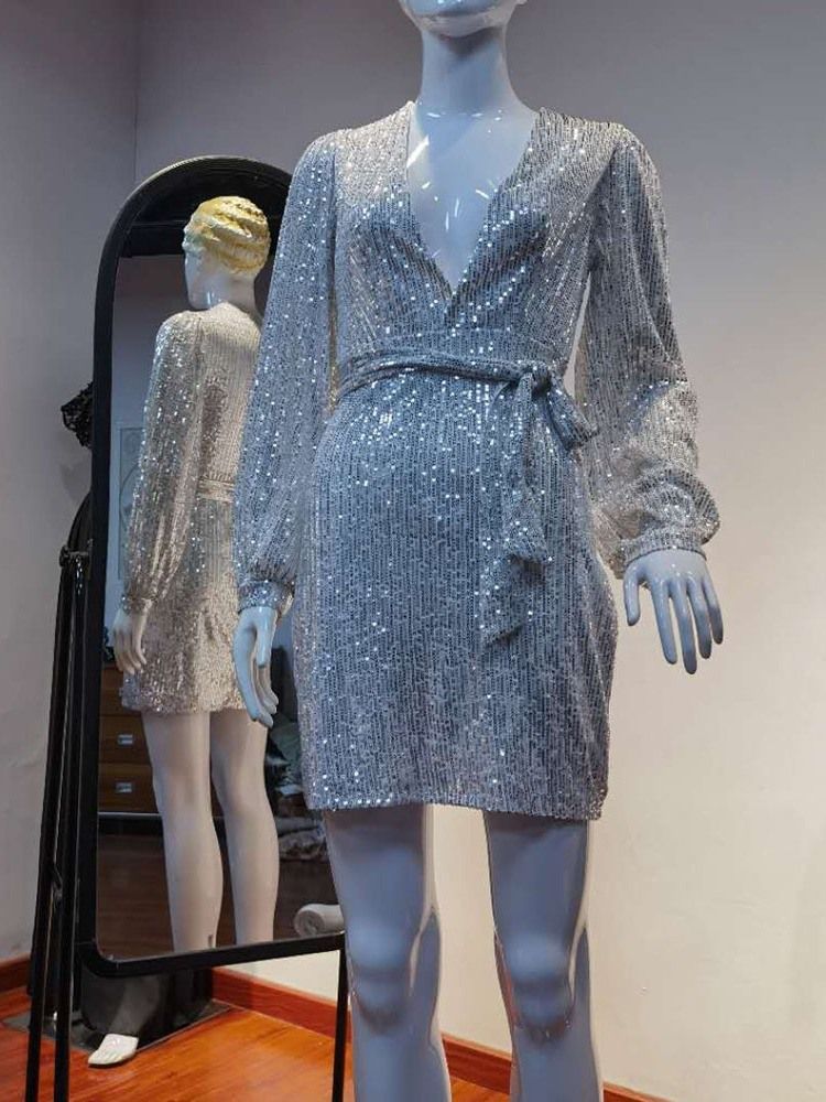Vestido Feminino Com Estampa Acima Do Joelho Com Decote Em V E Cintura Média