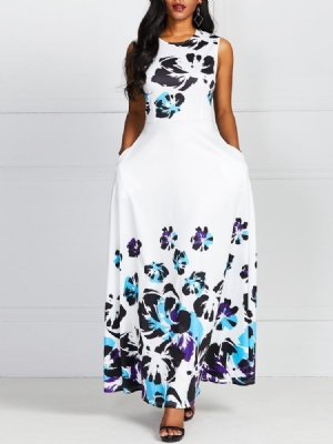 Vestido Feminino Com Estampa De Bolso E Decote Redondo Na Altura Do Tornozelo Vestido De Expansão Doce